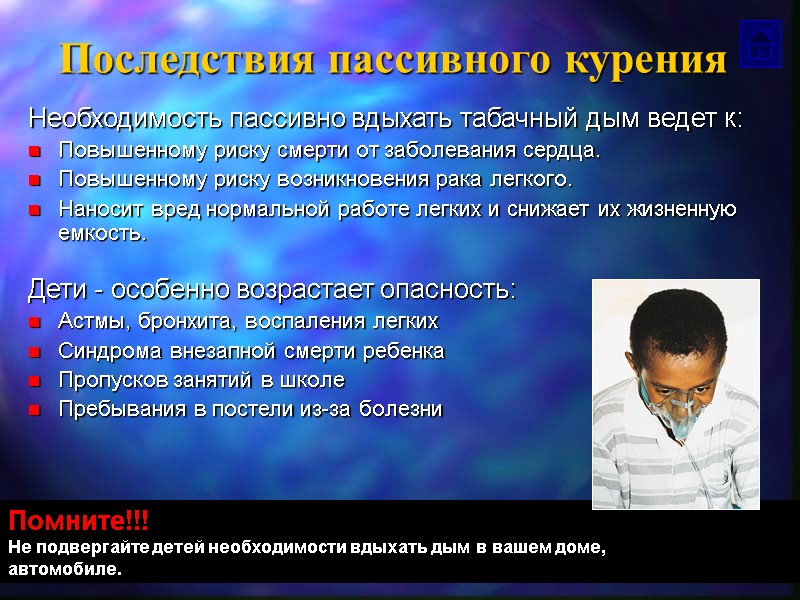 Последствия пассивного курения Необходимость пассивно вдыхать табачный дым ведет к:  Повышенному риску смерти